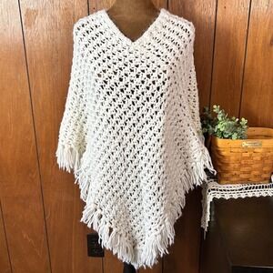 Handmade Crochet Poncho White Fringe V Neck Boho Festival Knit Sweater